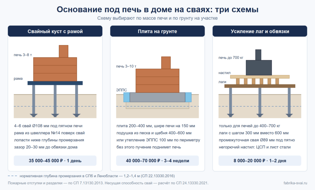 Три схемы фундамента под печь в доме на сваях: свайный куст с рамой, плита на грунте, усиление лаг